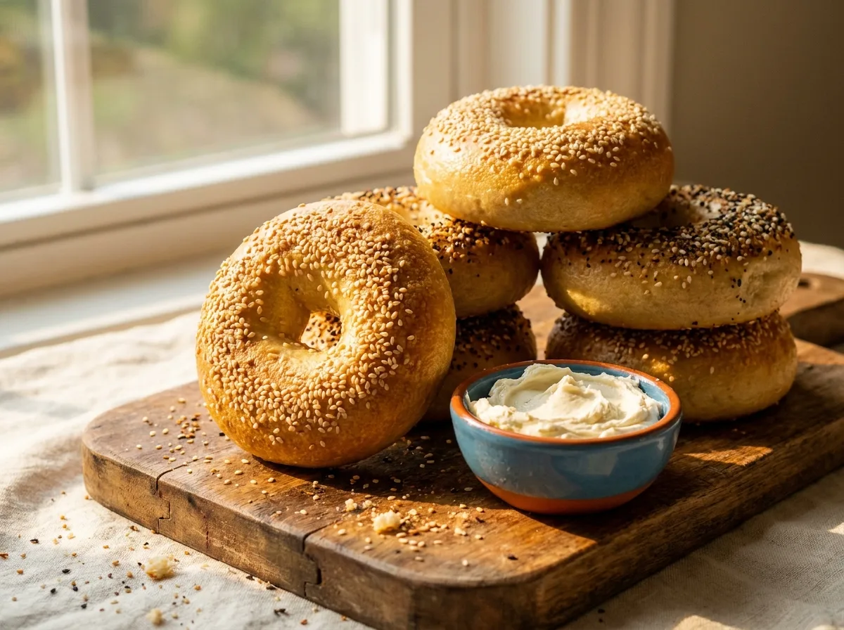 Stack of fresh-baked sesame and everything bagels