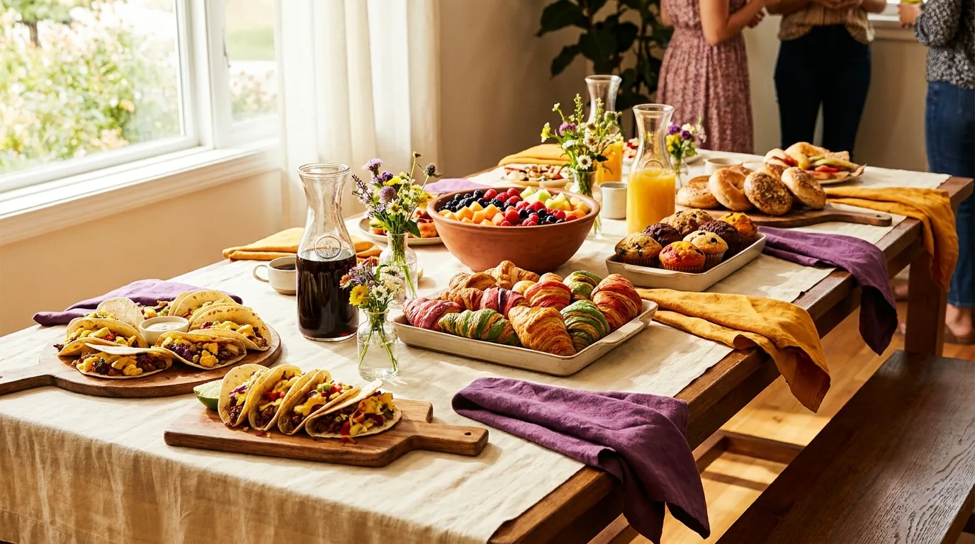 Catered brunch spread with tacos, pastries and coffee