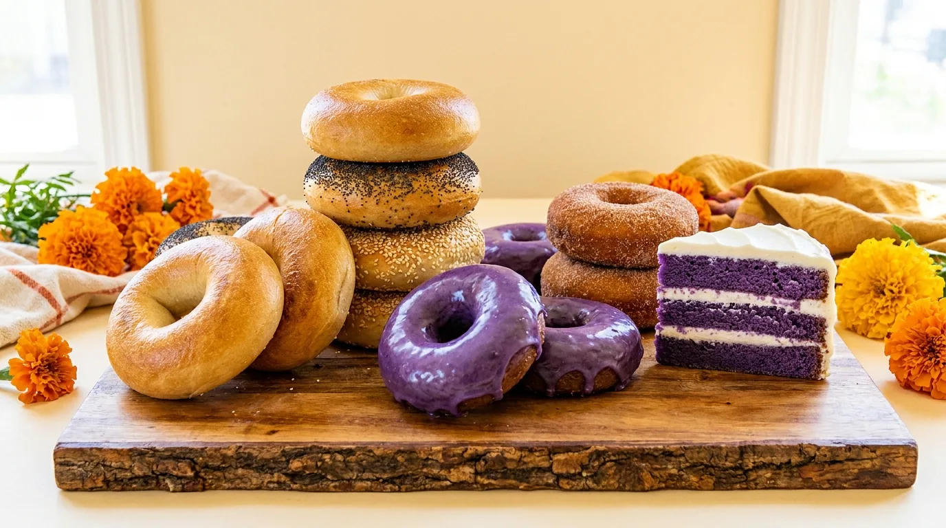 Bagels, ube-glazed donuts and a slice of ube cake from Lola's bakery case