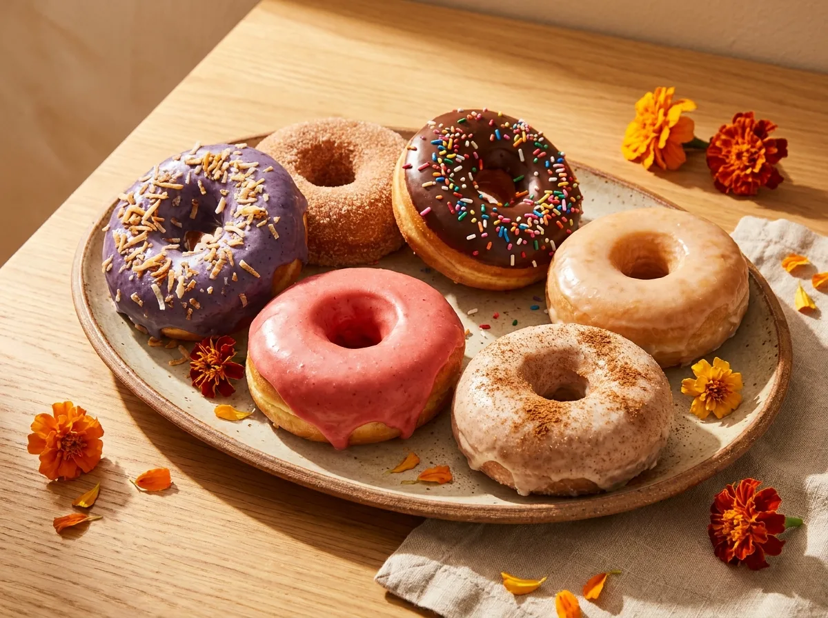 Assorted donuts including ube glazed