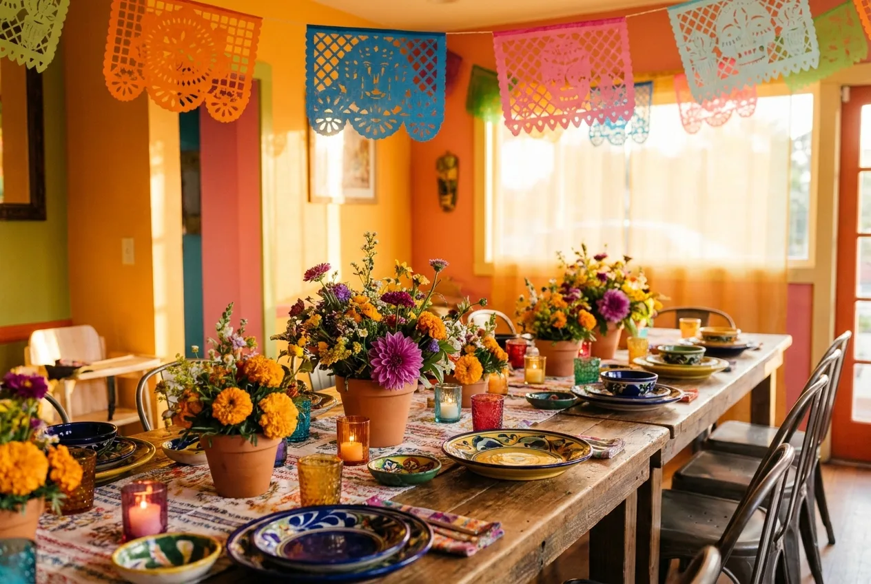 Celebration table with flowers and papel picado at Lola's