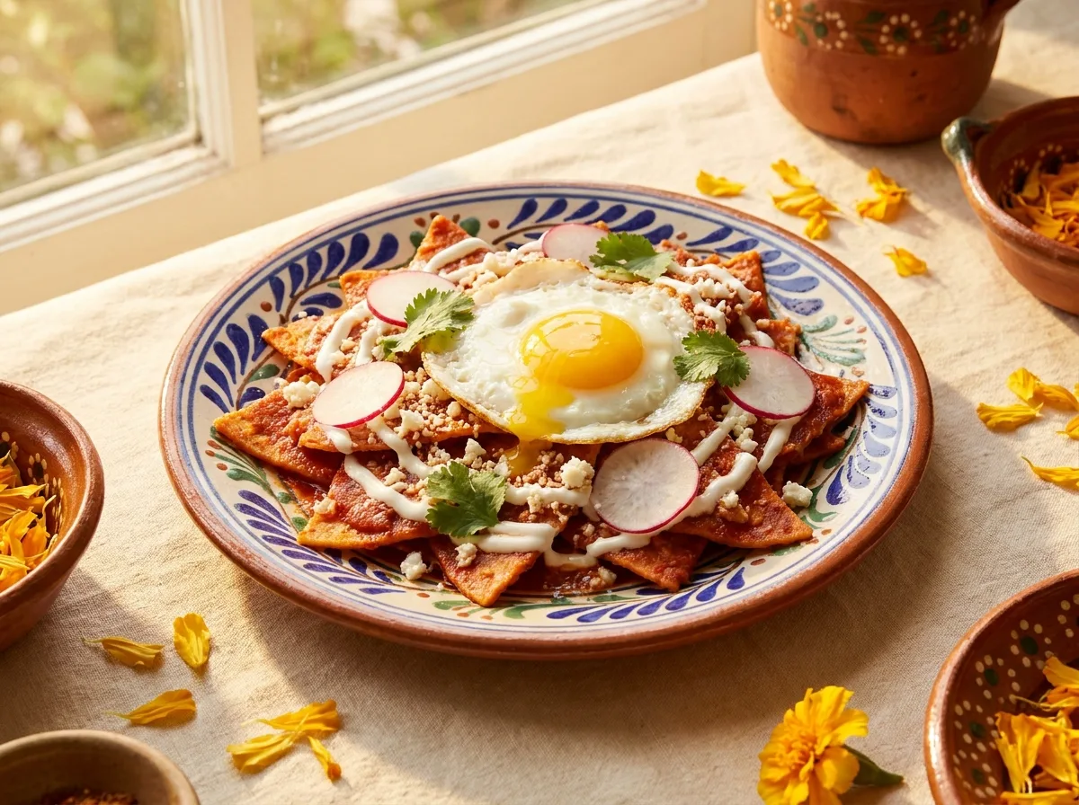 Chilaquiles rojos with fried egg, crema and cotija