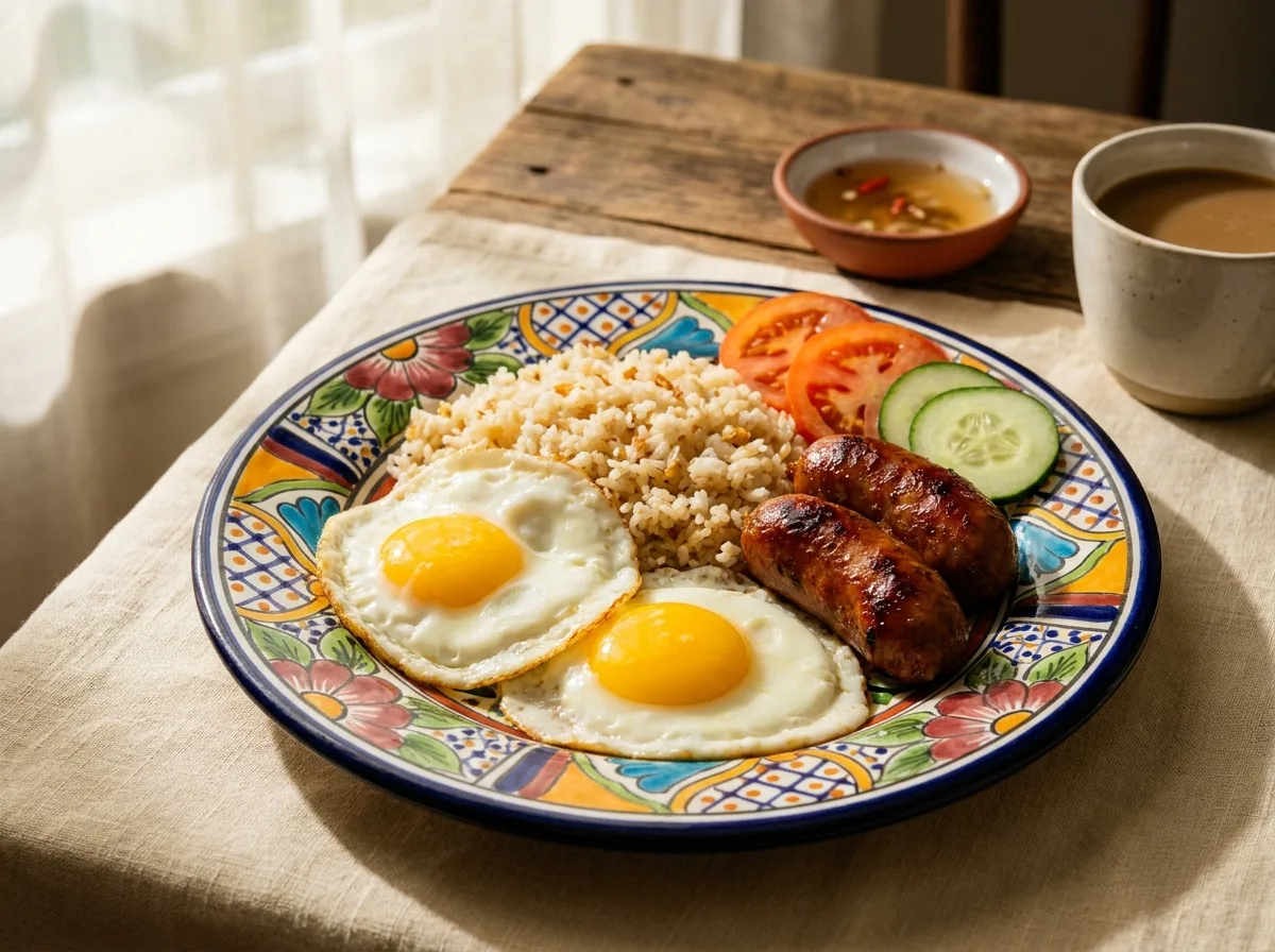 Filipino silog plate with garlic rice, eggs and longganisa