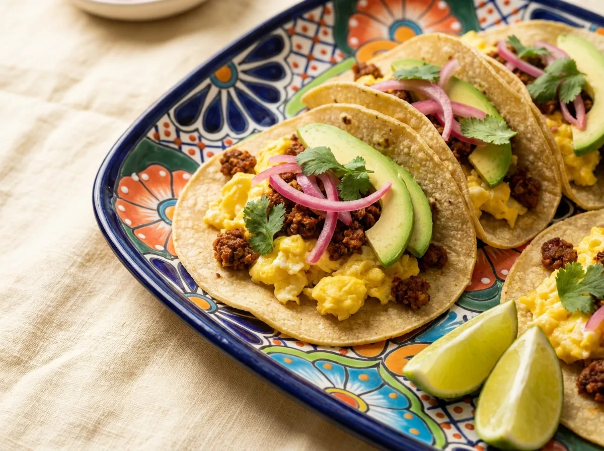 Three breakfast tacos with chorizo, egg and avocado