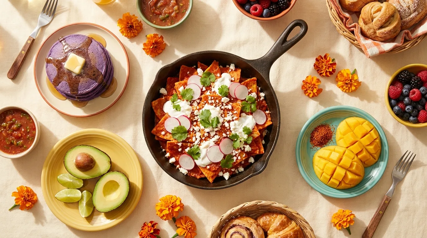 A vibrant Filipino-Mexican brunch spread at Lola's Eatery: ube pancakes, chilaquiles, avocado and fresh fruit