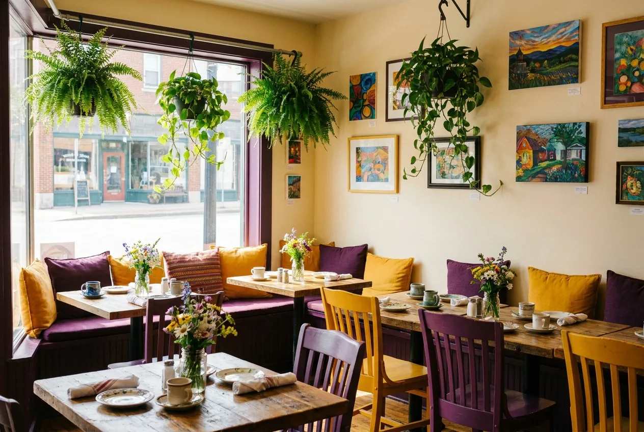 Inside Lola's Eatery — a warm, colorful dining room in Lower Lawrenceville