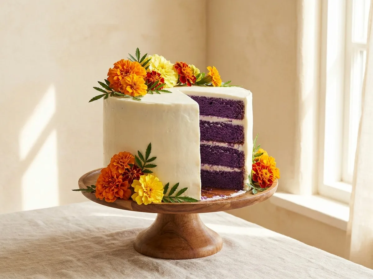 Custom ube celebration cake with marigold flowers