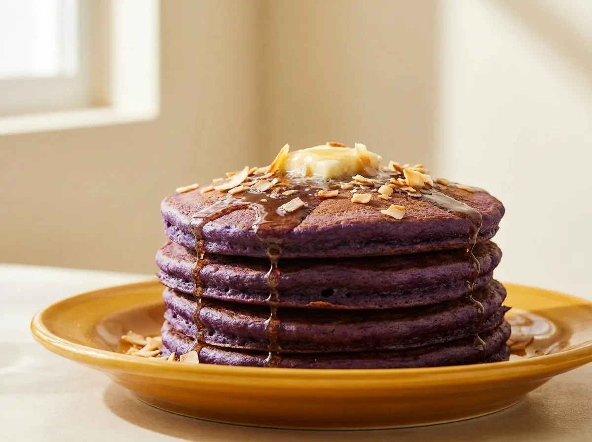Stack of purple ube pancakes with coconut syrup
